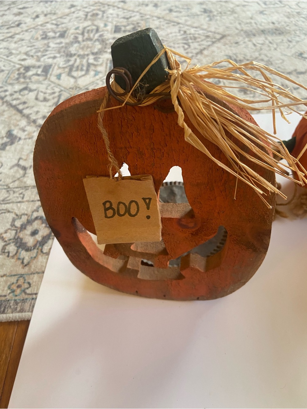 3 Lb. Handmade Orange Wooden Pumpkin Accent with 'Boo!' Tag